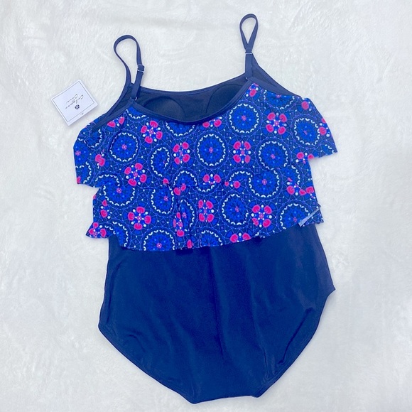 NWT Calypso Cove Double Ruffle One-Piece Navy Swimsuit Size 10  !! - Picture 2 of 6
